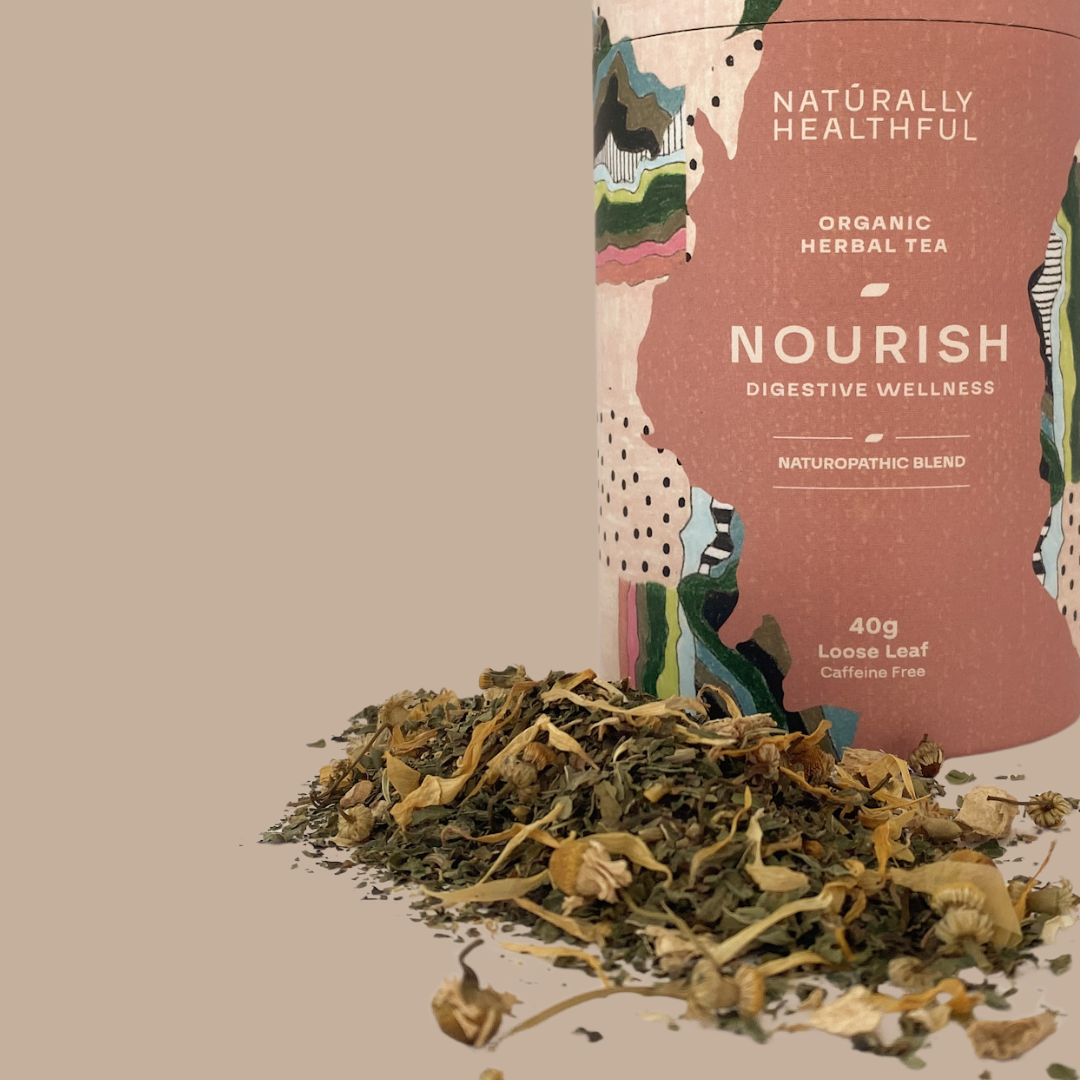 Cylinder of Naturally Healthful digestive wellness tea with loose leaf