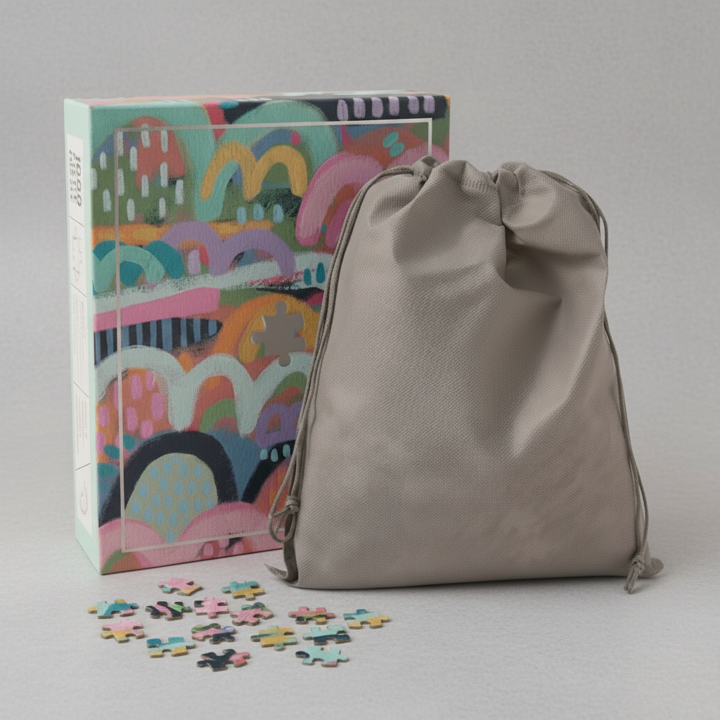 Colorful puzzle box with abstract patterns next to a gray drawstring bag on a white background