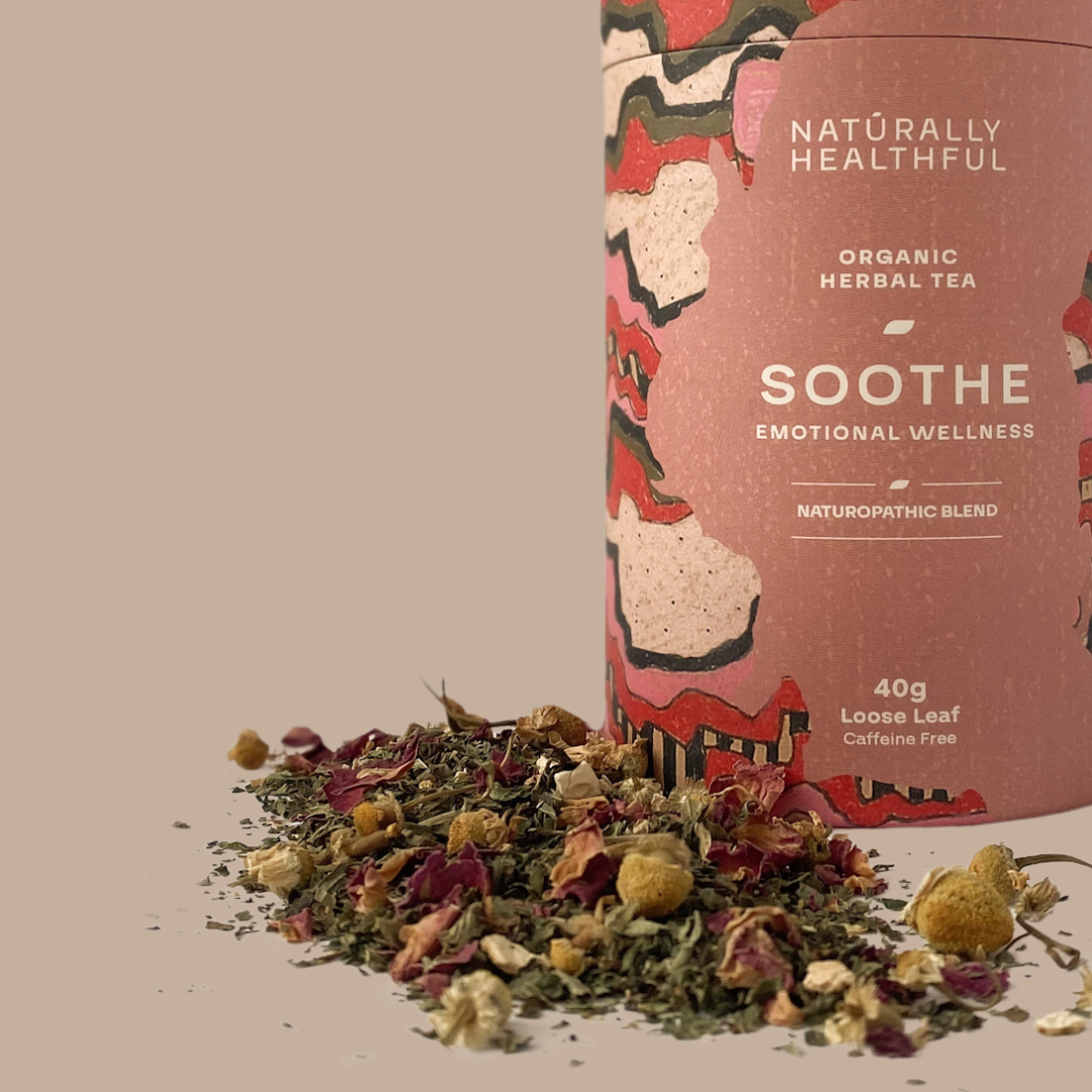Naturopathic blend of emotional wellness tea in paper cylinder