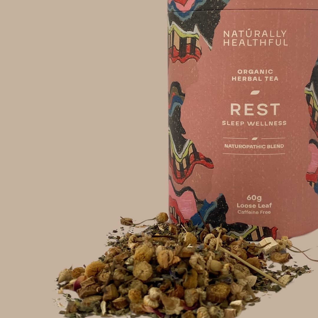 Naturopathic blend of rest wellness tea in paper cylinder