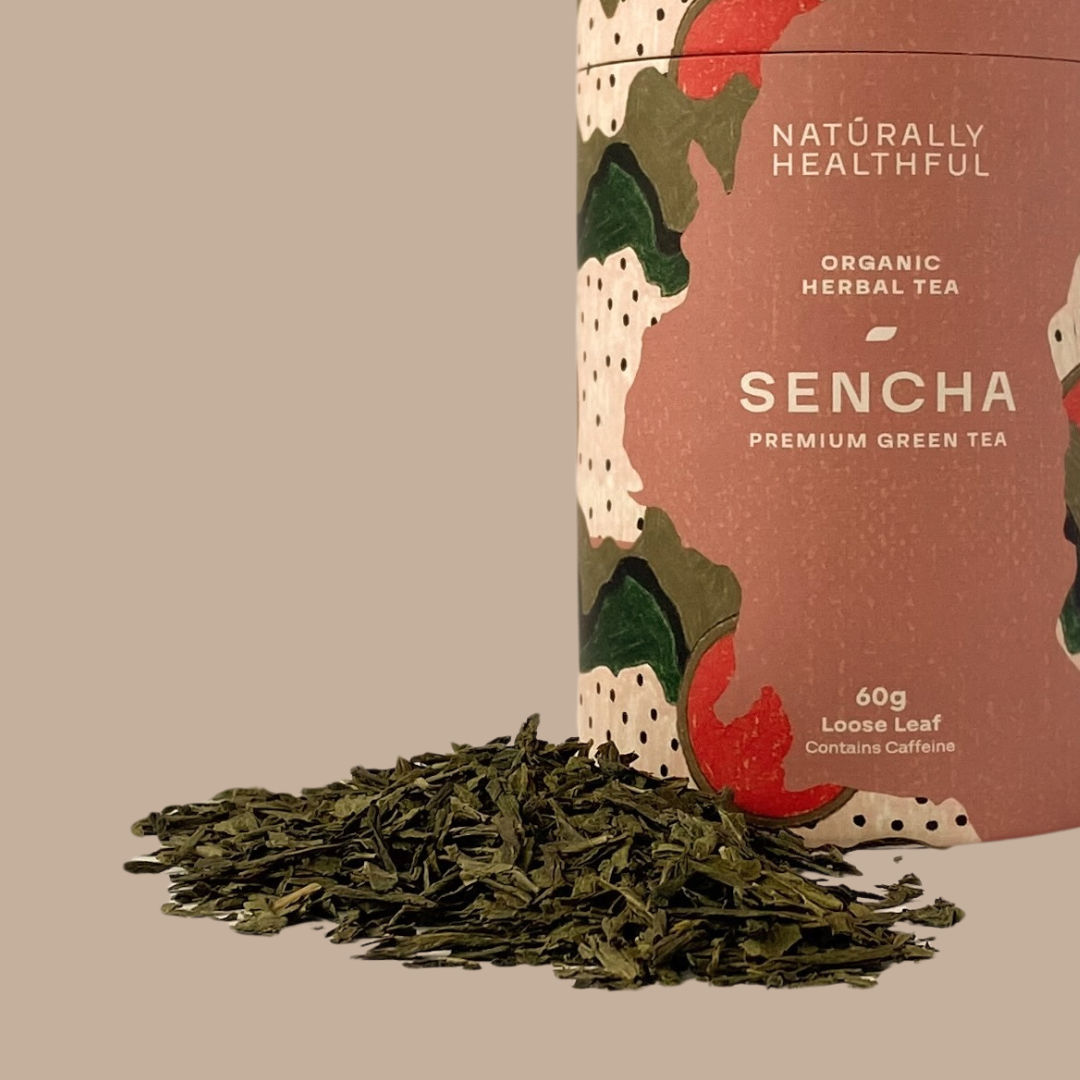 Organic green sencha tea tea in paper cylinder