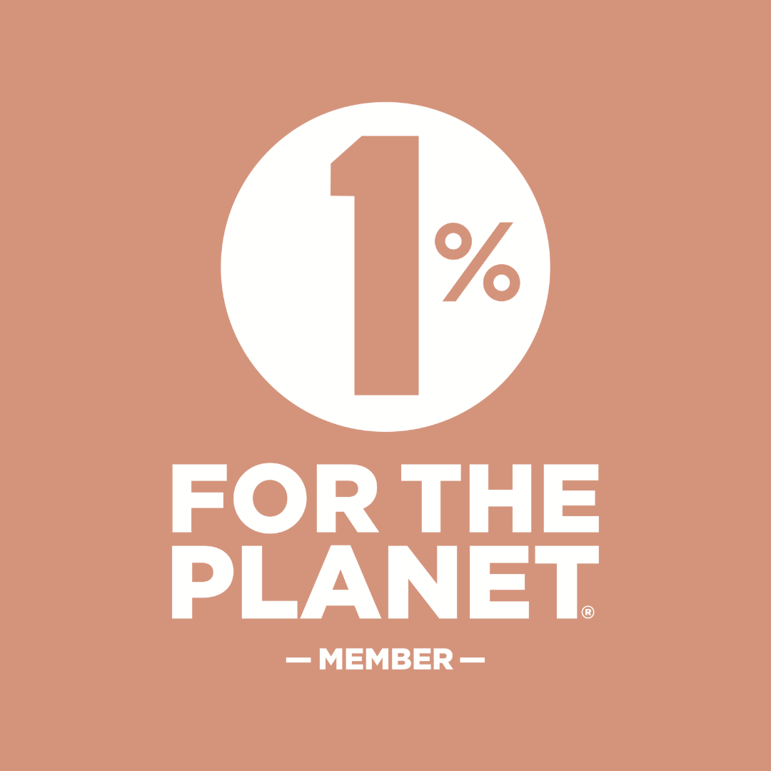 A square graphic with a warm peach background, a large white circle containing a brown number 1 and percentage symbol, and the text 'FOR THE PLANET' and 'MEMBER' in white below.