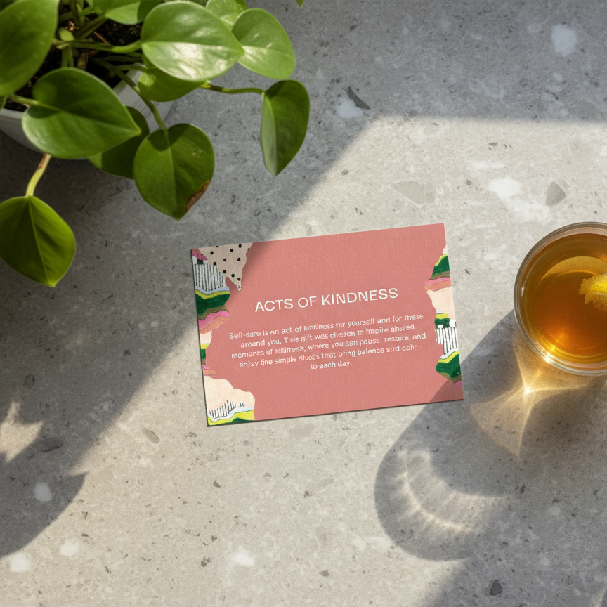 Text about acts of kindness and self-care on a pink background with decorative elements.