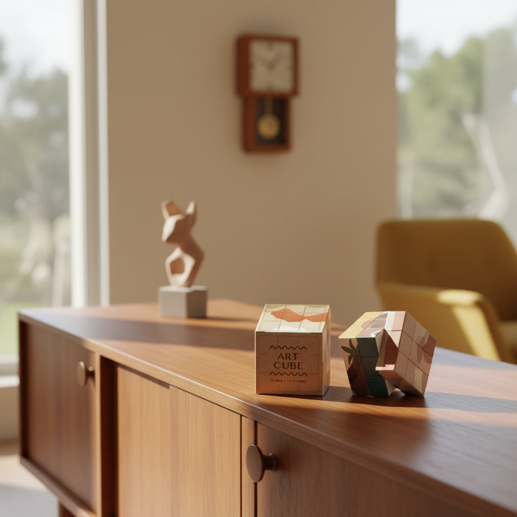Art Cube puzzle with colorful design next to its packaging on a white background