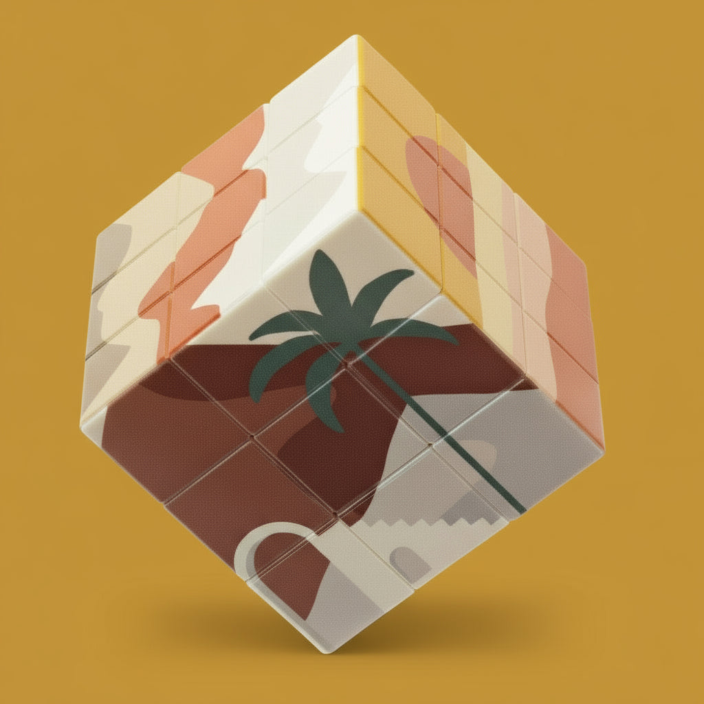 Hexagonal puzzle with a palm tree design on a white background