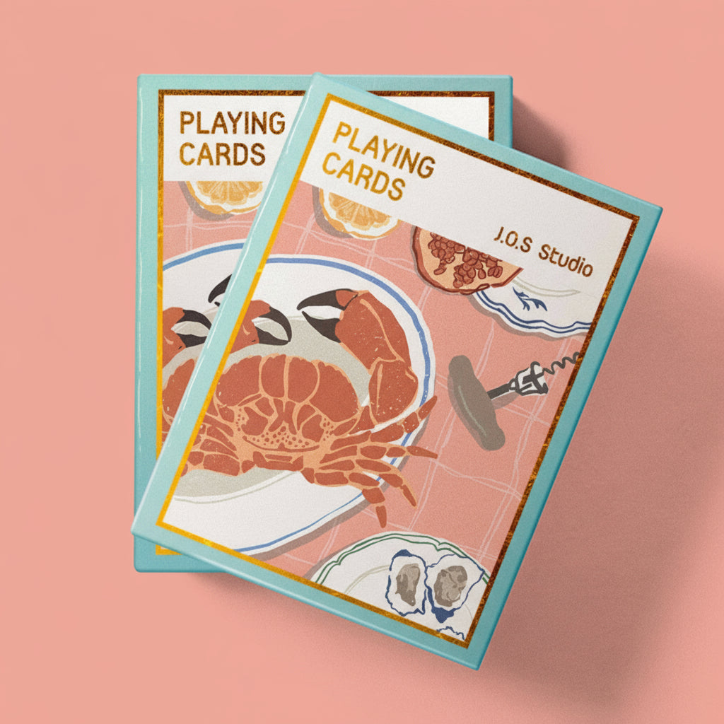 Playing cards with a crab design on a white background