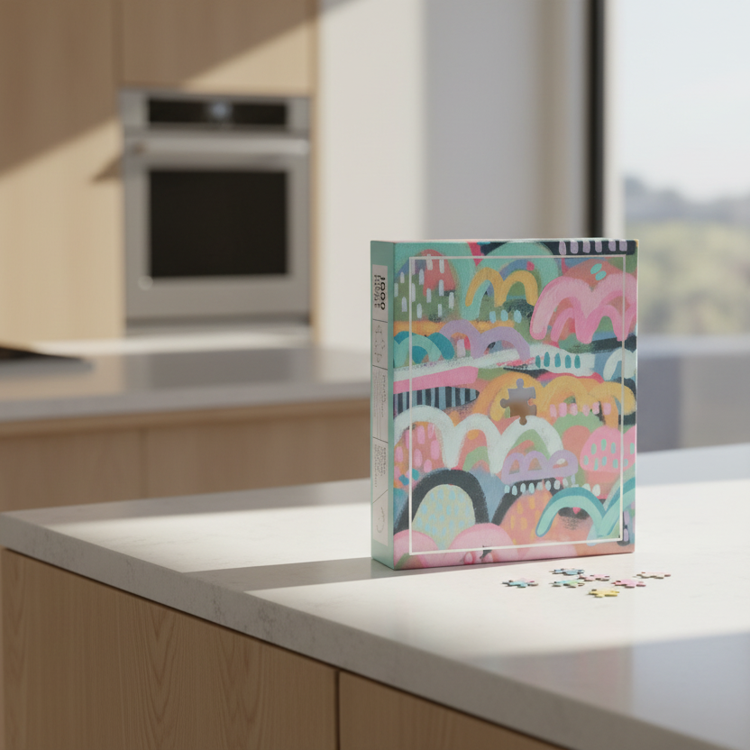 Jigsaw puzzle box with colorful abstract design on a white background