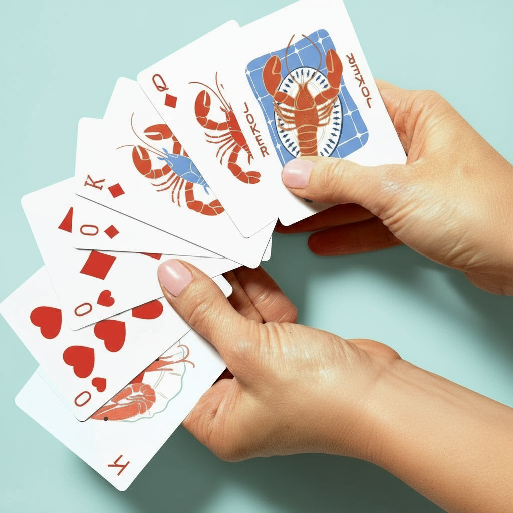 Hands holding playing cards with lobster illustrations on a white background