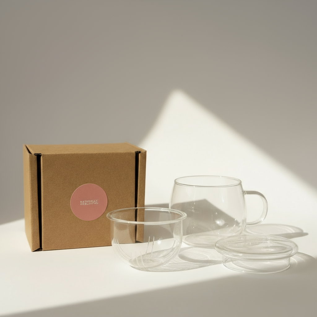 Clear glass tea set with a brown box on a white surface
