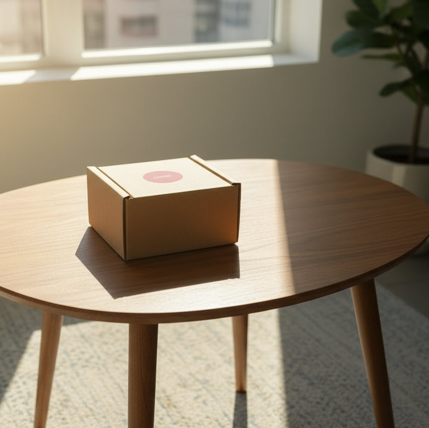 Gold box with a pink label on a wooden surface