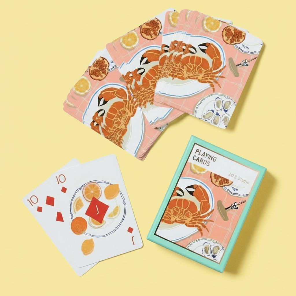 Playing cards with crab and fruit design on a white background