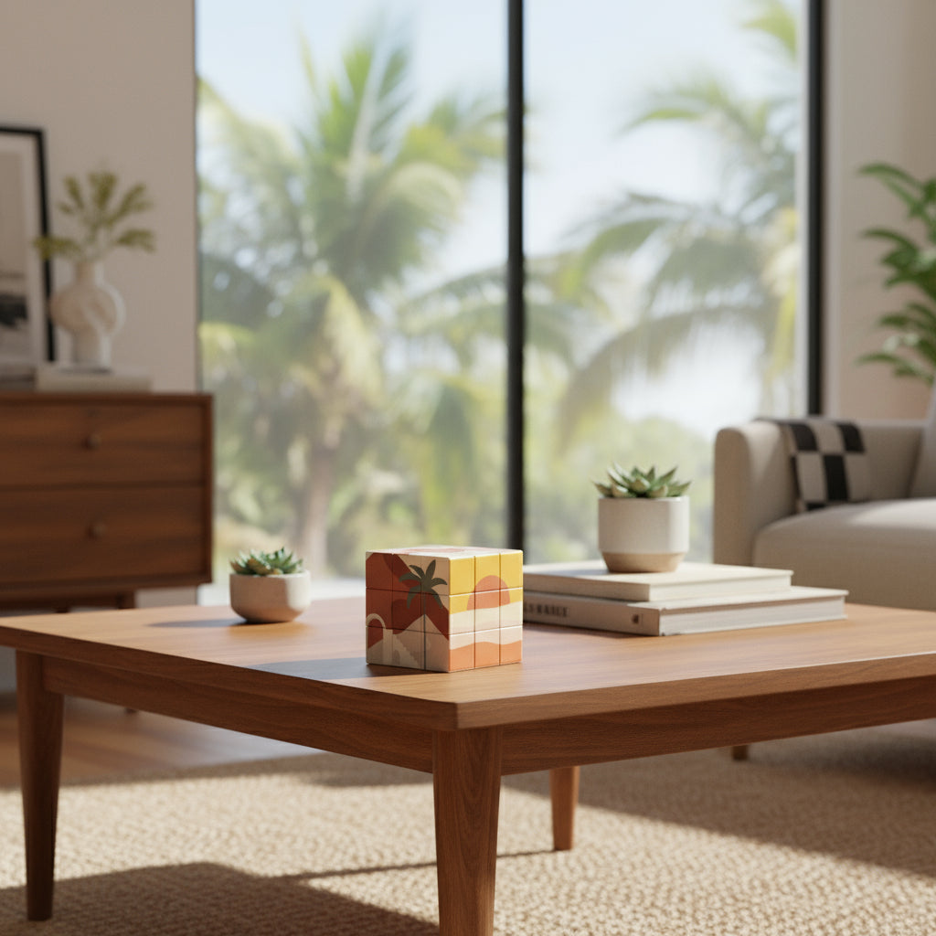 Colorful geometric puzzle cube next to a small round object and gold ribbon on a white background