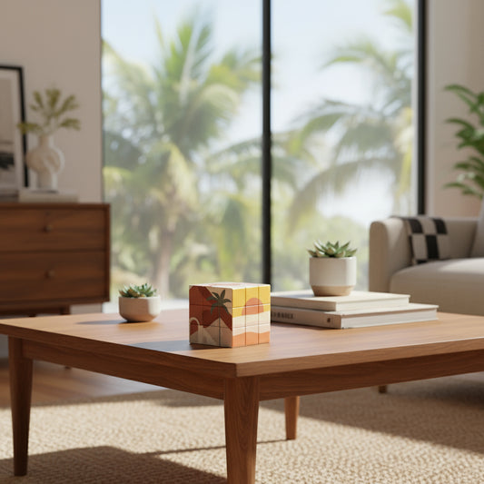 Colorful geometric puzzle cube next to a small round object and gold ribbon on a white background