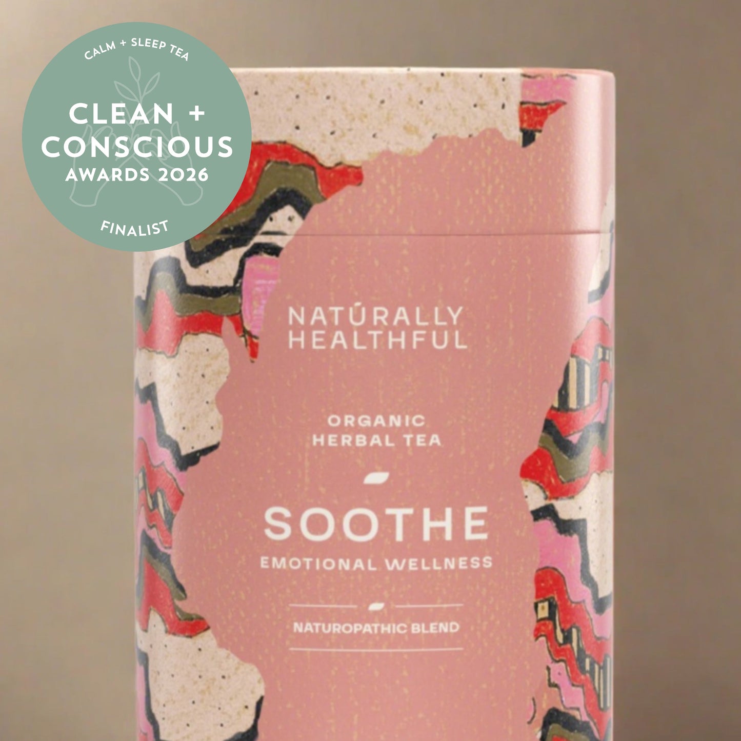 Tea cylinder with Clean + Conscious Awards Finalist sticker for Calm + Sleep Tea