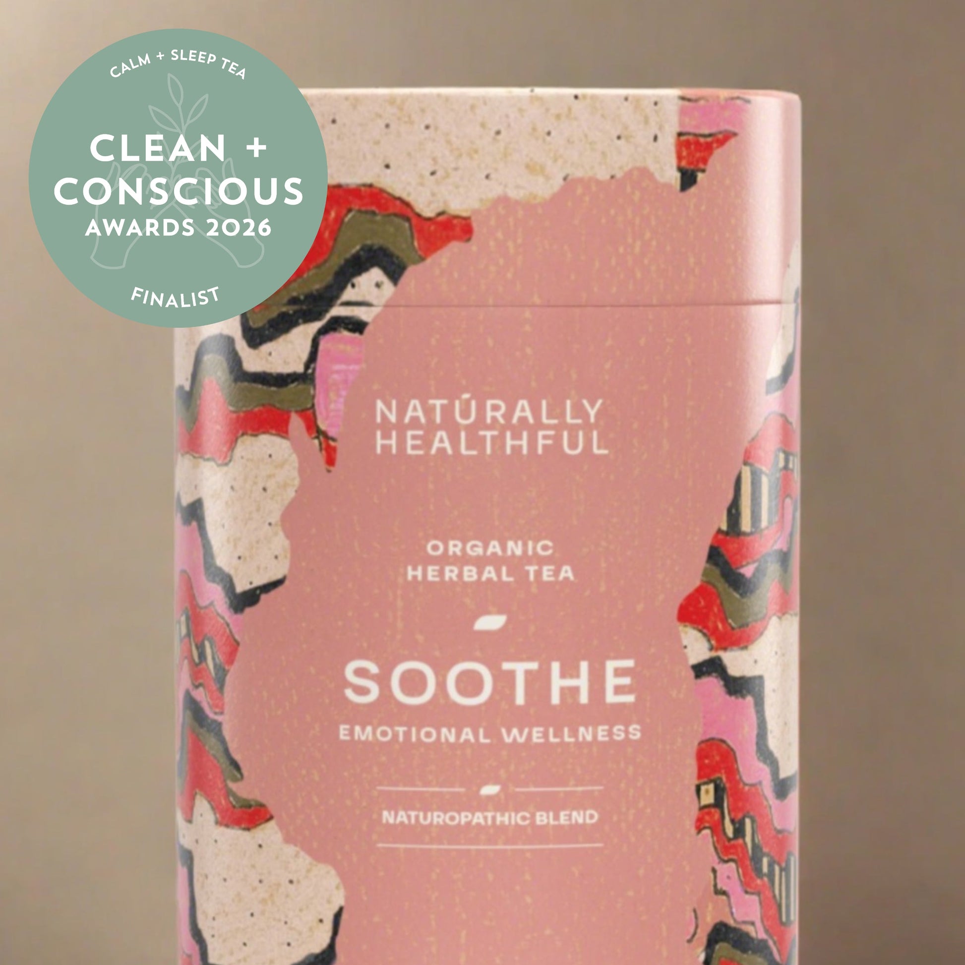 Tea cylinder with Clean + Conscious Awards Finalist sticker for Calm + Sleep Tea