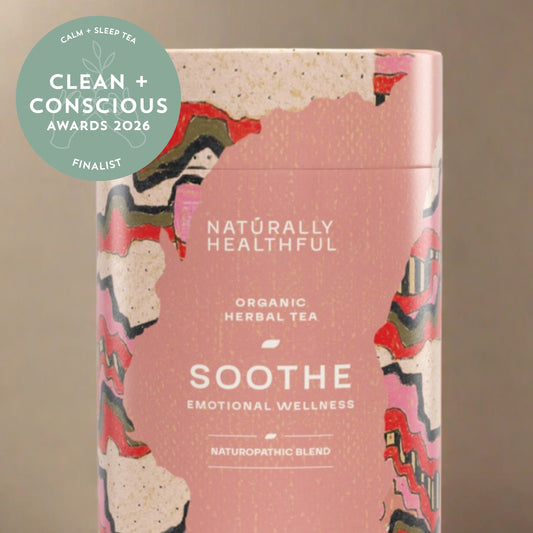 Tea cylinder with Clean + Conscious Awards Finalist sticker for Calm + Sleep Tea
