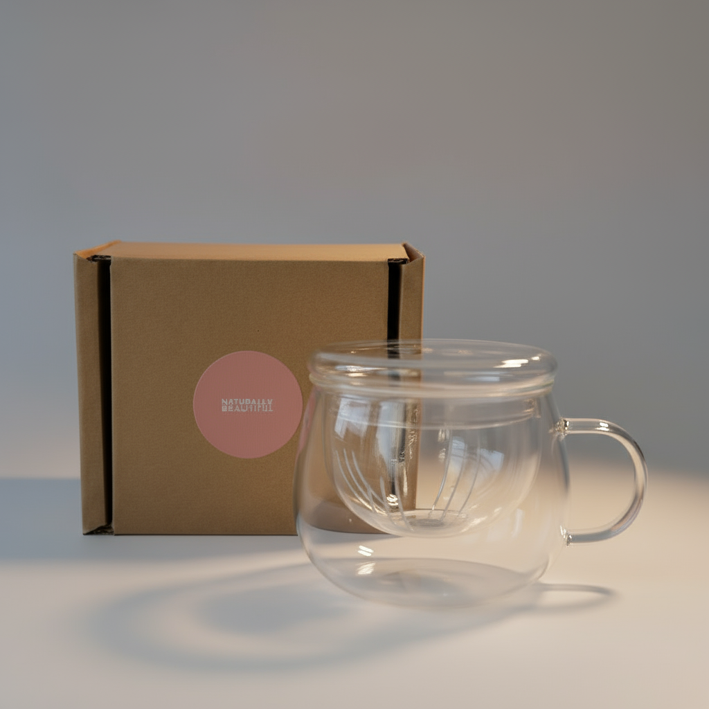 Clear glass mug with handle next to a brown box featuring a pink label on a white background