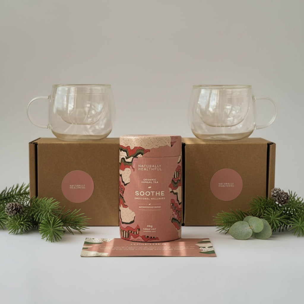 Two mugs on boxes with a 'Naturally Healthy' product in front of a Christmas tree.