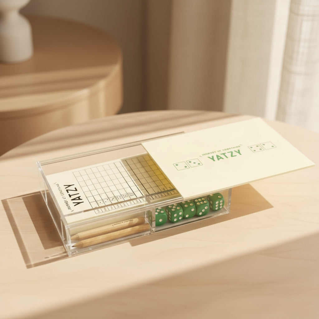 Yatzy game set with dice and score sheets on a white background